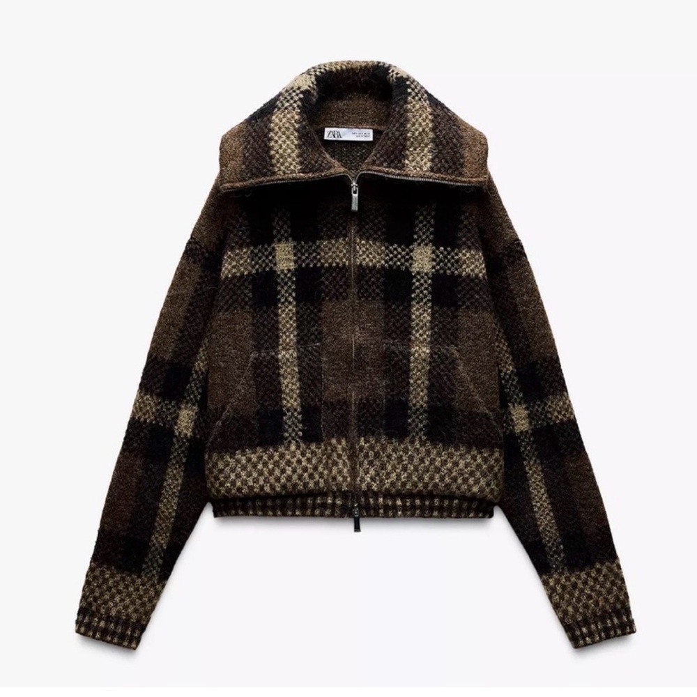Zara checkered knit bomber jacket